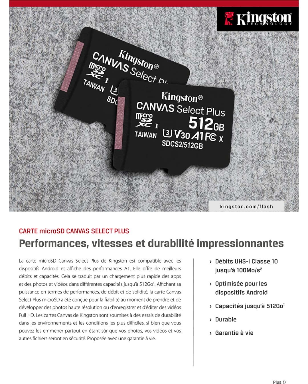 Carte mémoire Kingston Canvas Select Plus microSD - 64Go - Avec Adaptateur SD (SDCS2_64GB)