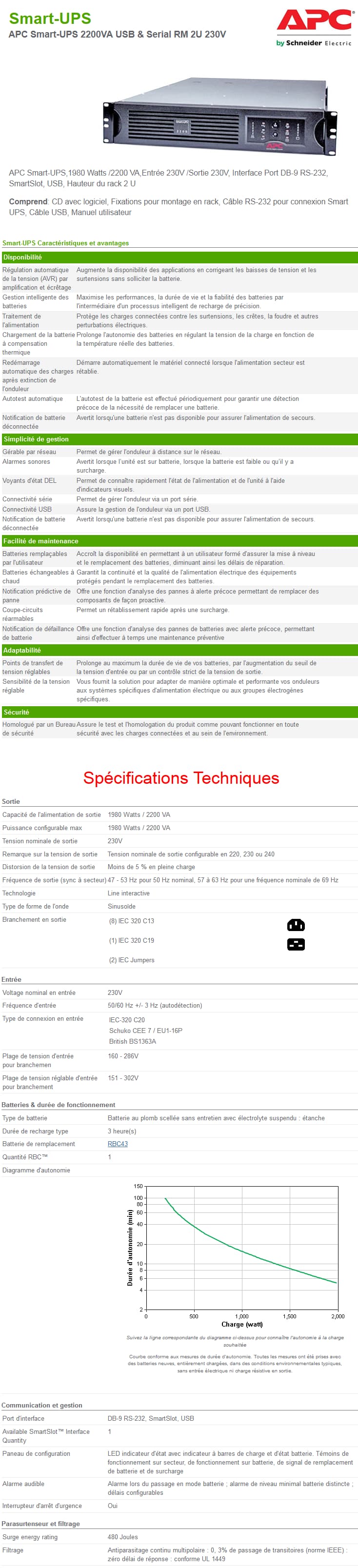 Onduleur Line Interactive Haute Fréquence avec Stabilisateur de tension APC Smart-UPS 2200VA USB & Serial RM 2U 230V