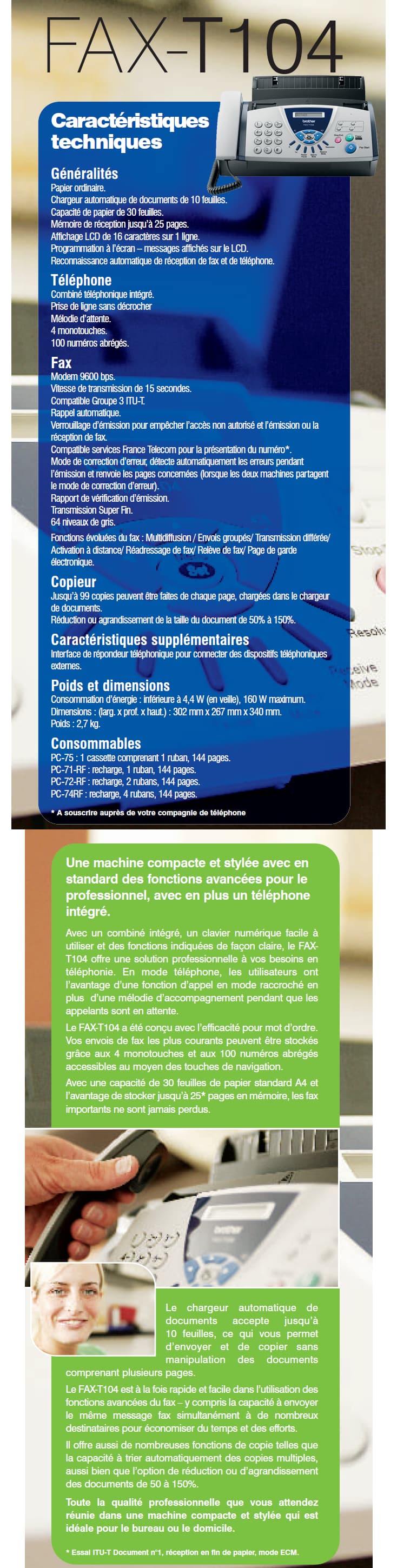 FAX-T104: Fax à transfert thermique téléphone