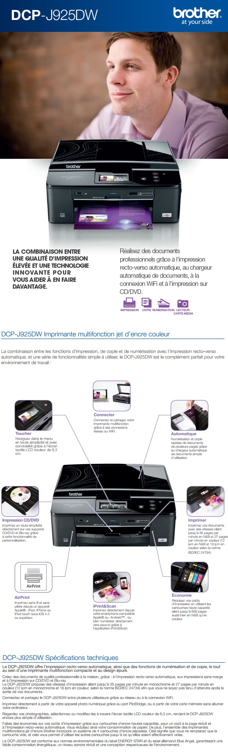 Imprimante multifonction 3 en 1 jet d'encre couleur sans fil Brother DCPJ925DW