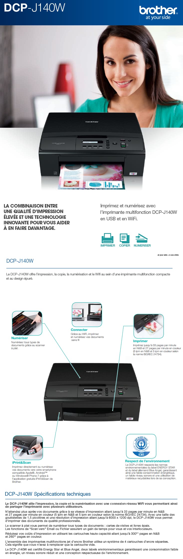 Imprimante jet d'encre couleur 3-en-1 wifi Brother DCP-J140W