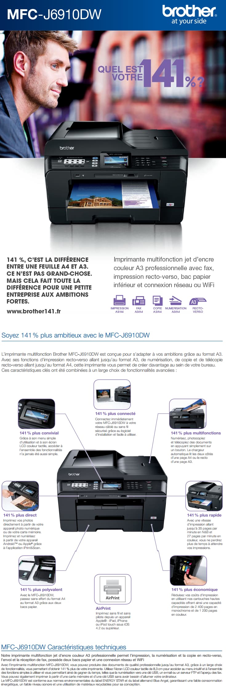 Imprimante jet d'encre couleur 4-en-1 wifi Brother MFC-J6910DW