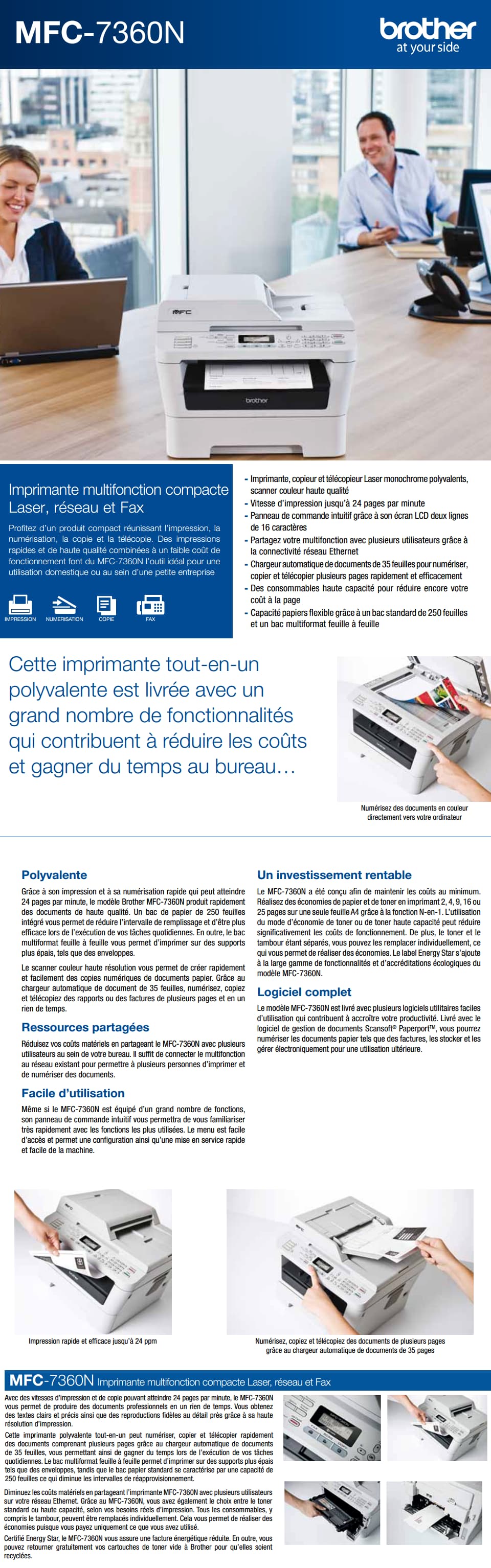 Imprimante laser monochrome 4-en-1 Brother MFC-7360N avec FAX