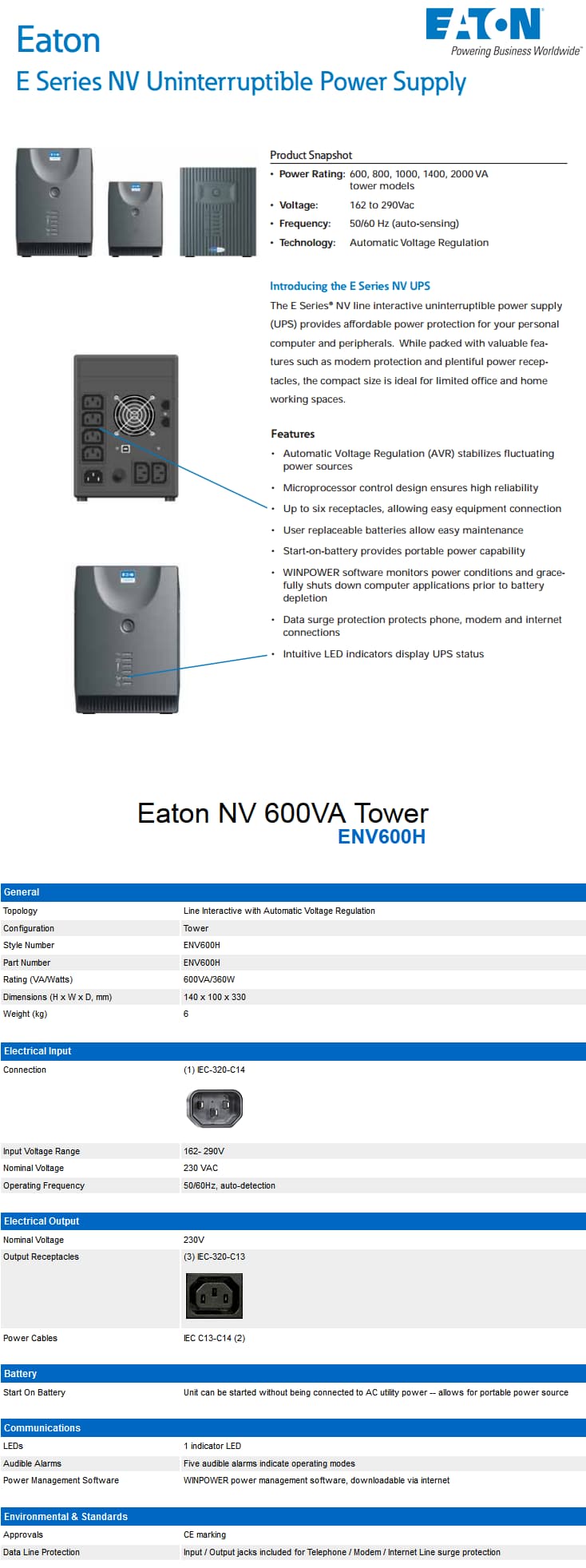 Onduleur Line interactive Eaton NV 600VA Tower (ENV600H)