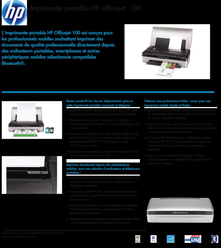 Imprimante Jet d'encre Portable HP Officejet 100 (CN551A)