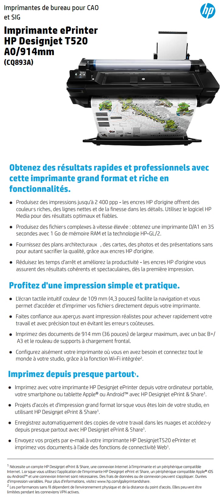 Imprimante ePrinter HP Designjet T520 914 mm (CQ893A)
