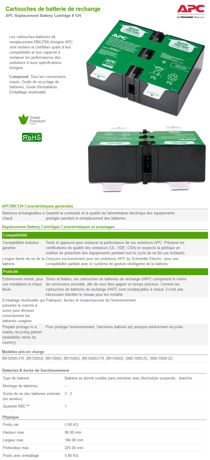 Batterie de remplacement pour APC Back UPS 1200/1500VA - RBC124