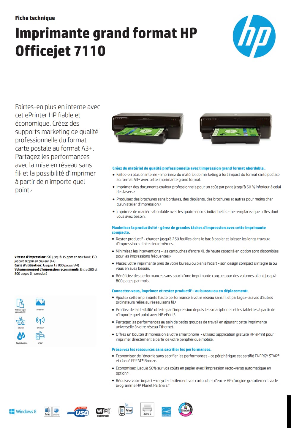 Imprimante Jet d'encre grand format A3+ HP Officejet 7110 (CR768A)
