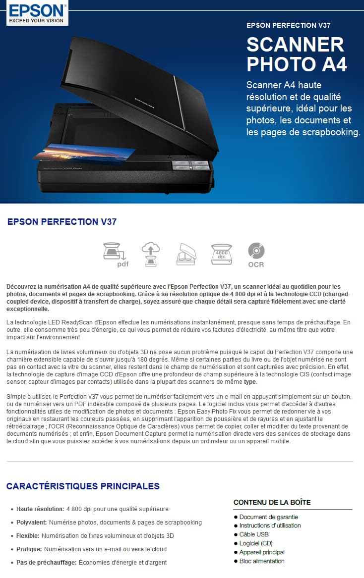 Scanner Photo A4 haute résolution Epson Perfection V37