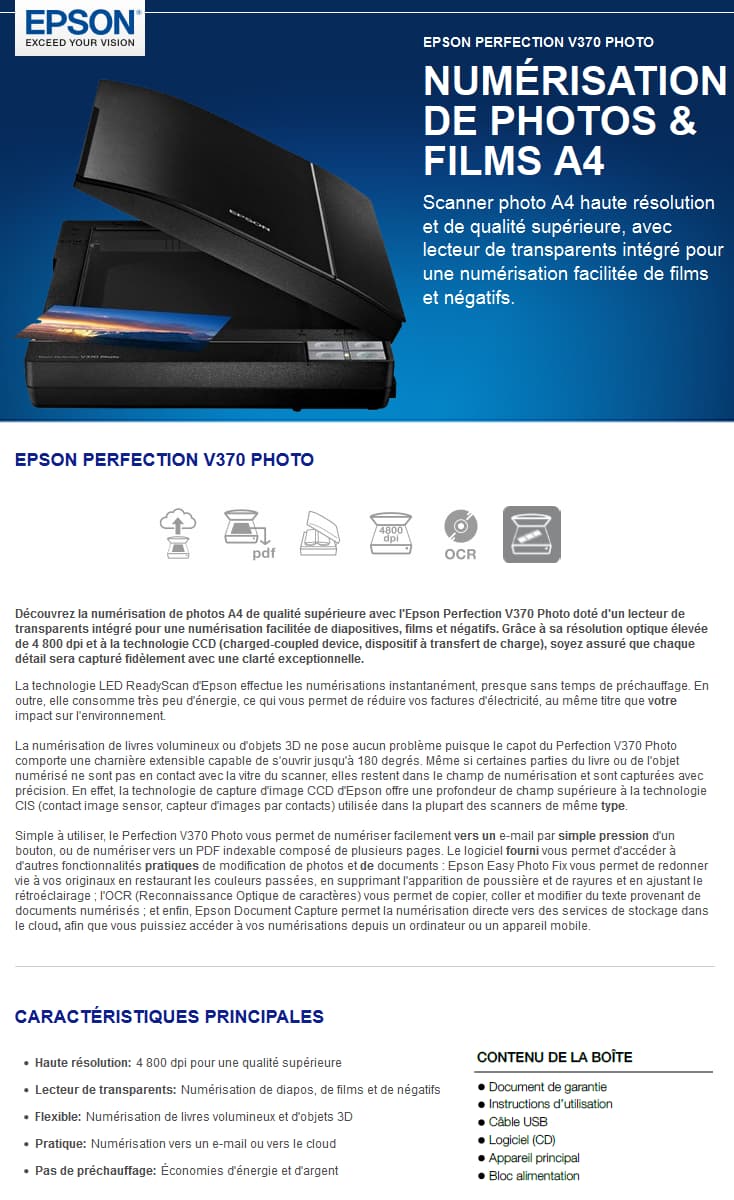 Scanner photos & films haute résolution Epson perfection V370 (B11B207312)