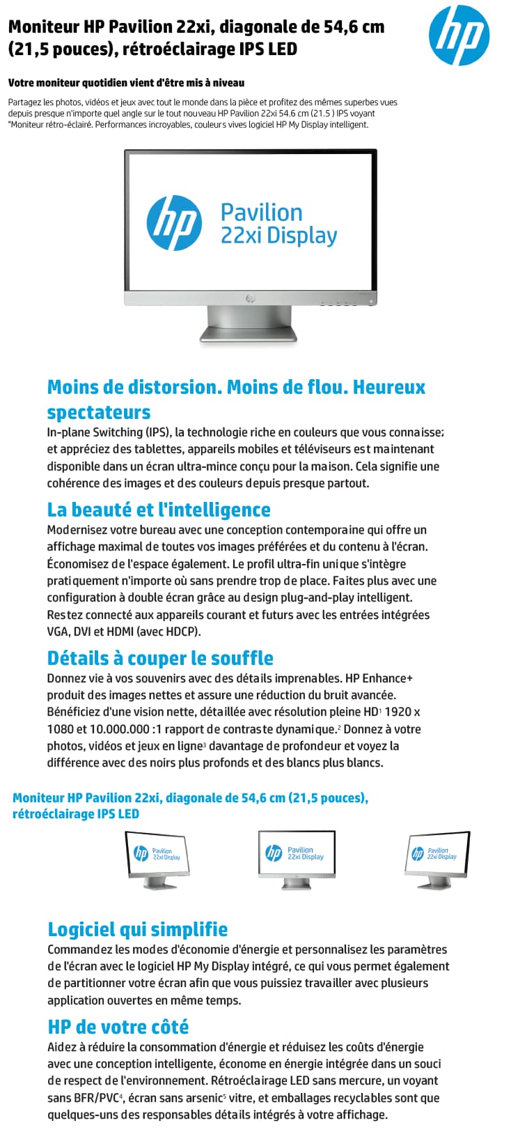 Moniteur HP Pavilion 22xi diagonale de 54,6 cm (21,5 pouces) rétroéclairage IPS LED (C4D30AS)