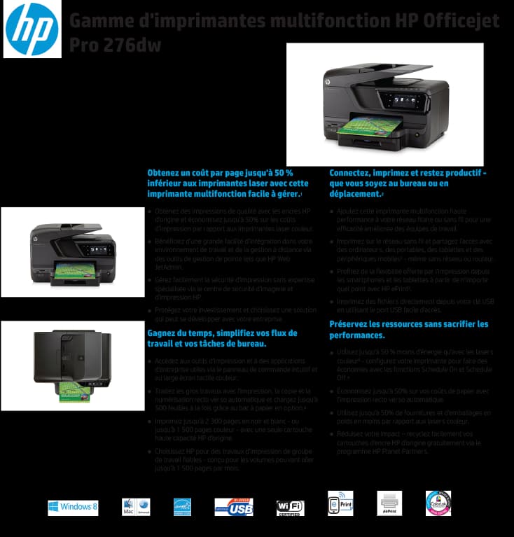 Imprimante multifonction Jet d’encre HP Officejet Pro 276dw (CR770A)
