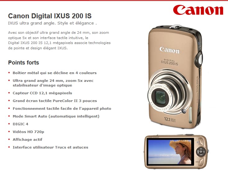 Appareil photo Canon Digital IXUS 200 IS 12,1MP/5X + Etui et Carte SD offerts