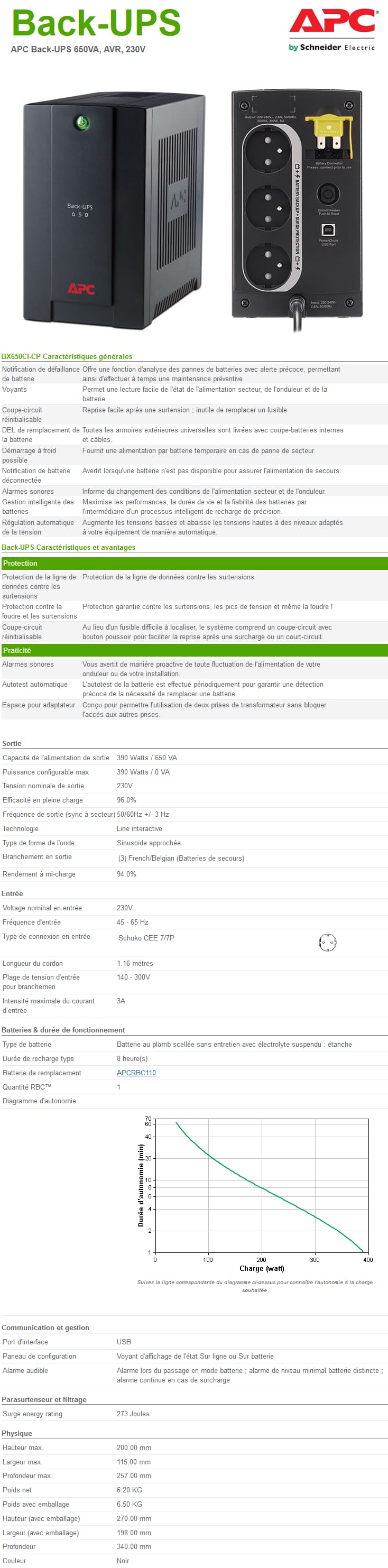 Onduleur Line interactive APC Back-UPS 650VA AVR 230V