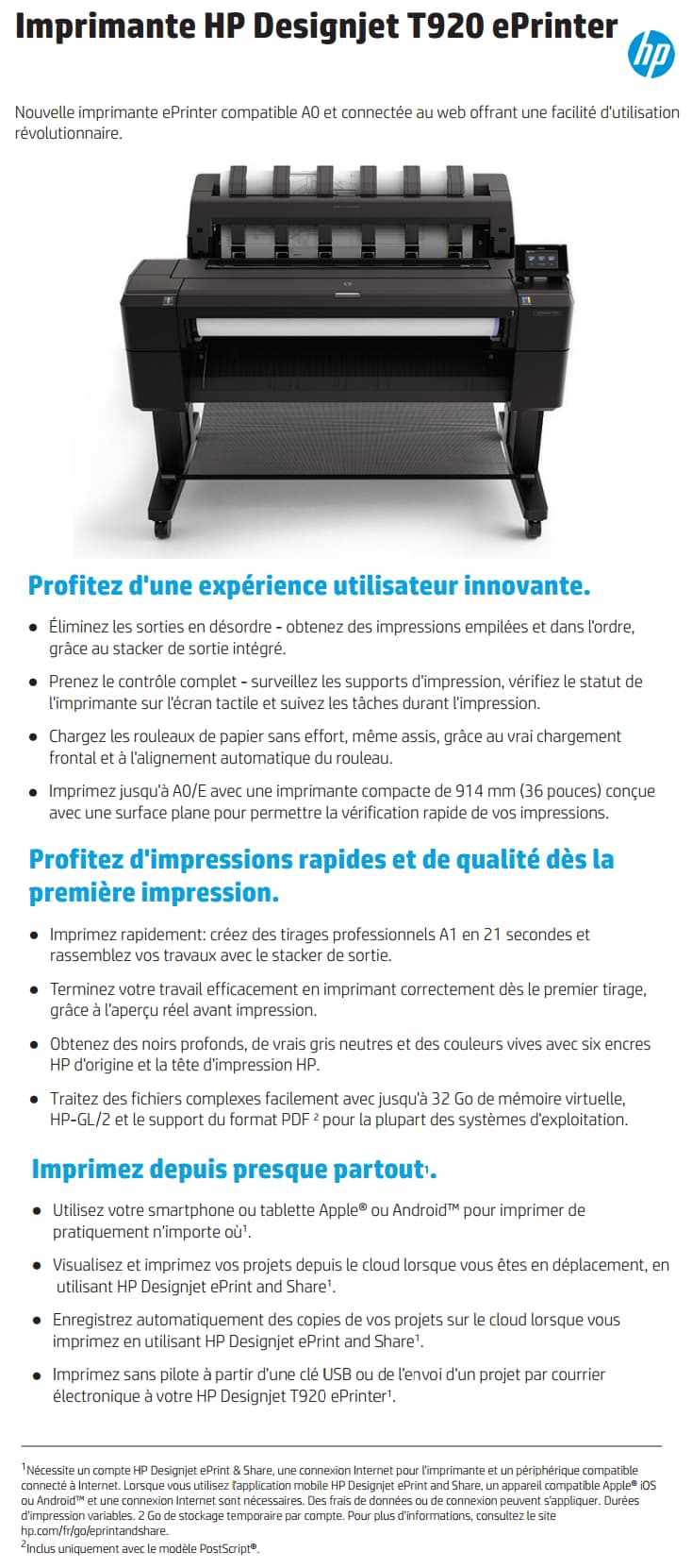 Imprimante HP Designjet T920 ePrinter PostScript 914 mm (36 pouces)(CR355A)