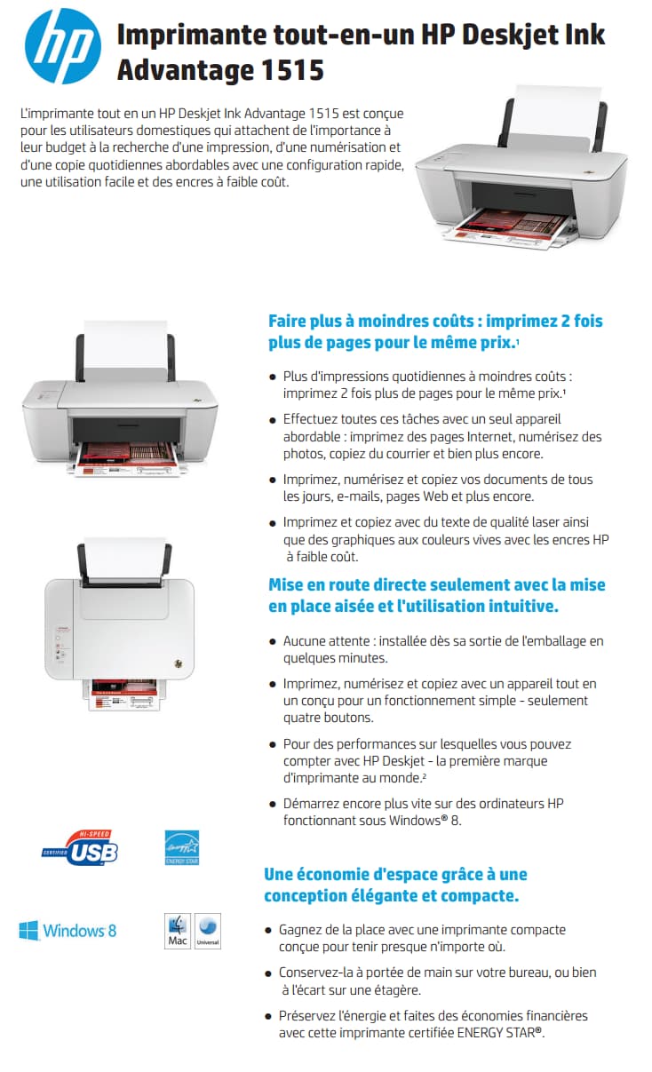 Imprimante multifonction Jet d’encre HP Deskjet Ink Advantage 1515-AiO (B2L57C)