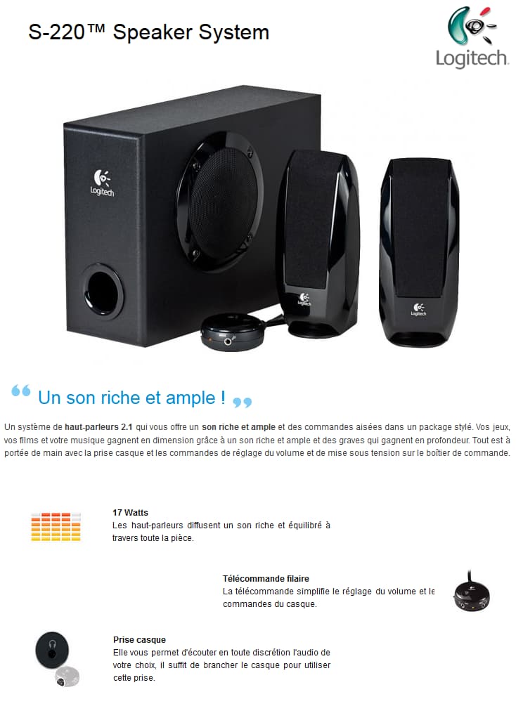 Logitech S-220 Enceintes 2.1 - 17 Watt - Jack 3,5mm
