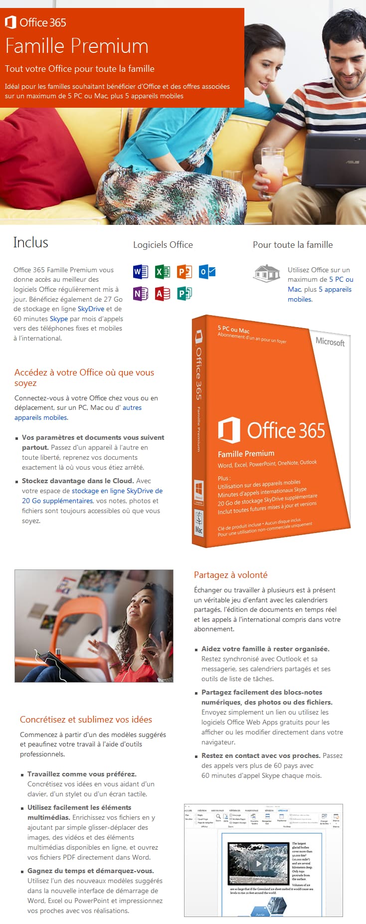 Microsoft Office 365 Famille Premium 32/64 Bits - Licence d'abonnement ( 1 an ) - jusquà 5 PC ou Mac + 5 tablettes