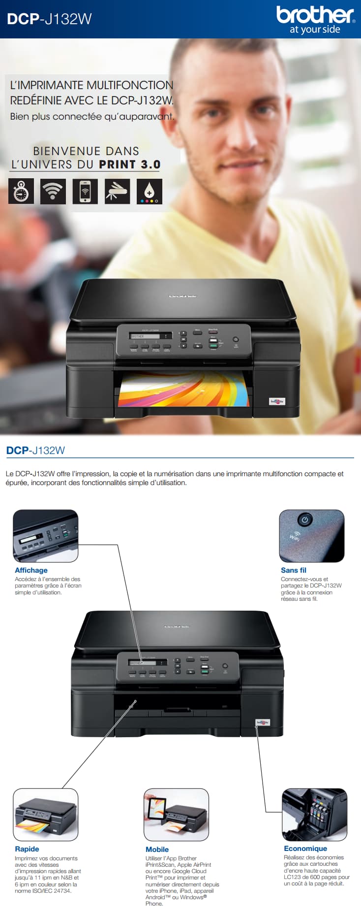 Imprimante Brother multifonction jet d’encre couleur 3-en-1 avec wifi (DCPJ132W)
