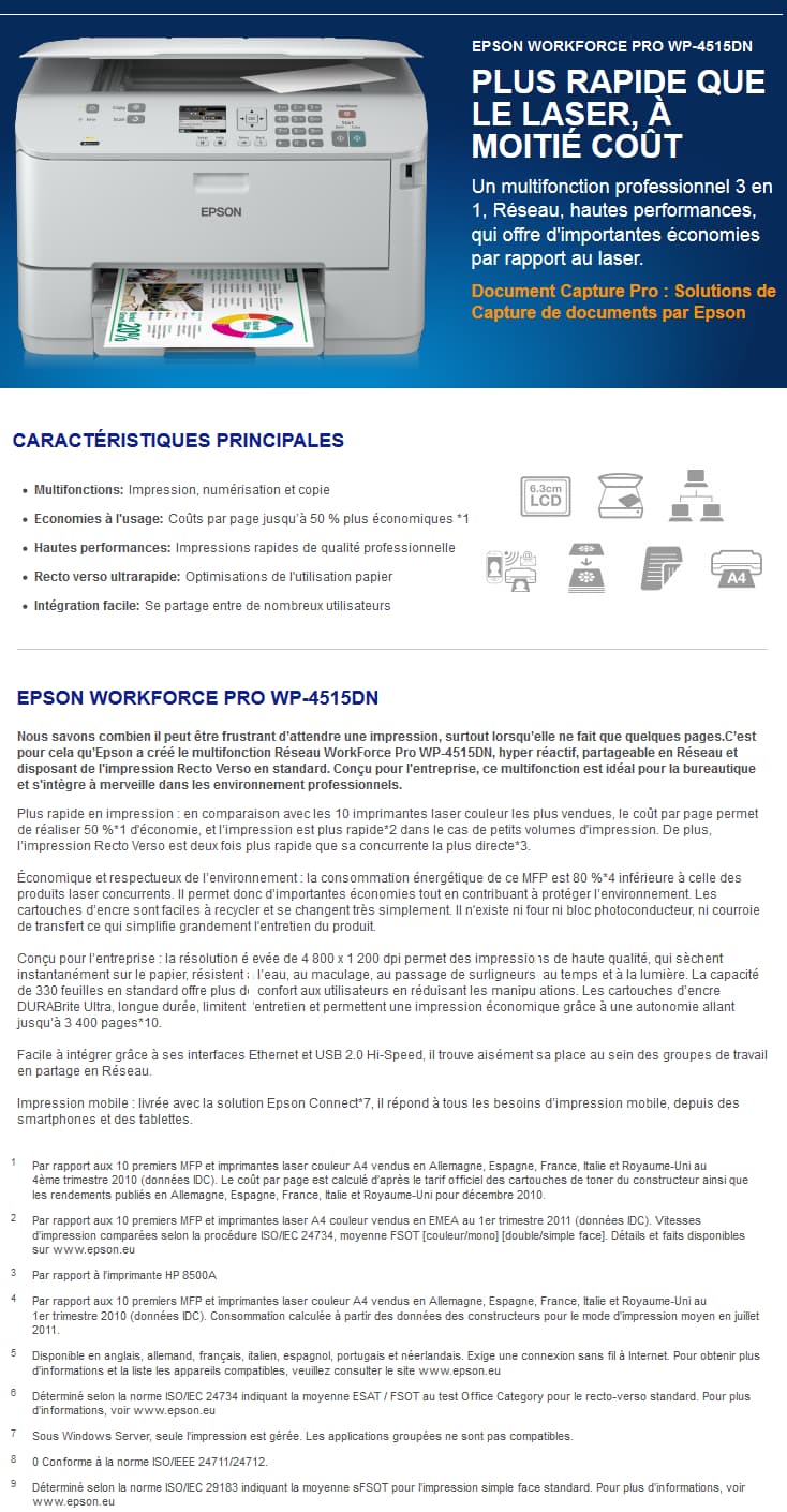 Multifonction couleur jet d'encre 3-en-1 Epson Workforce pro WP-4515dn
