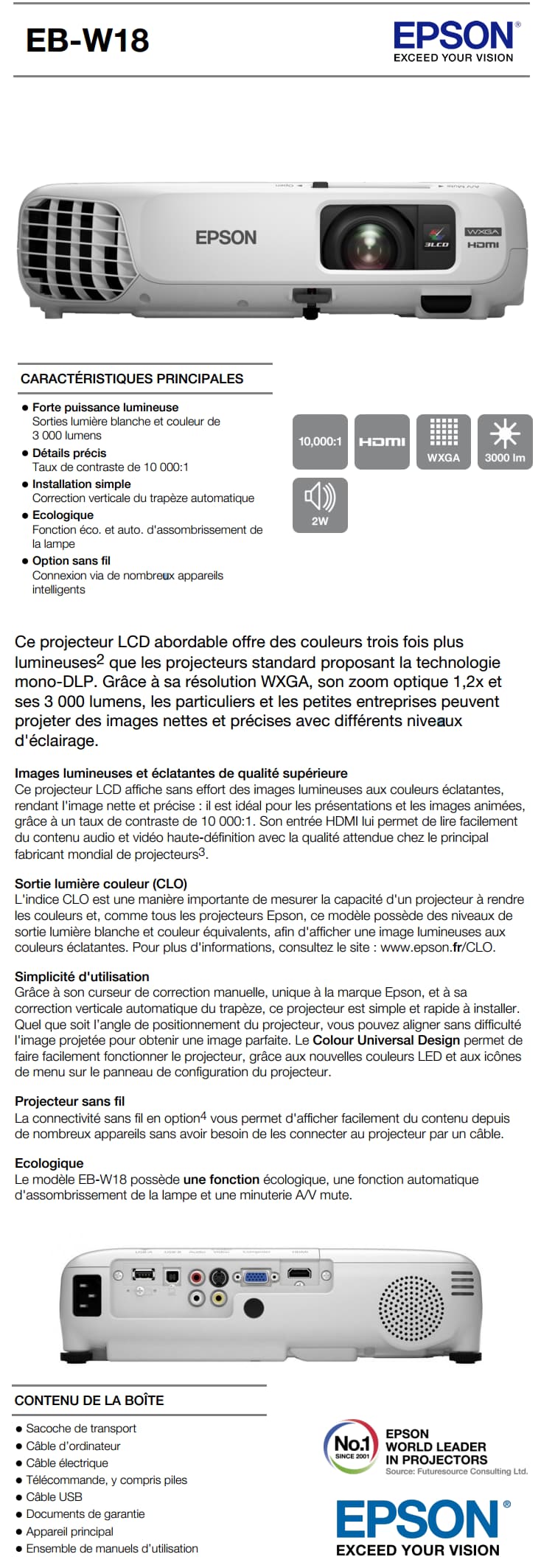Vidéoprojecteur LCD Epson EB-W18 (V11H550040)