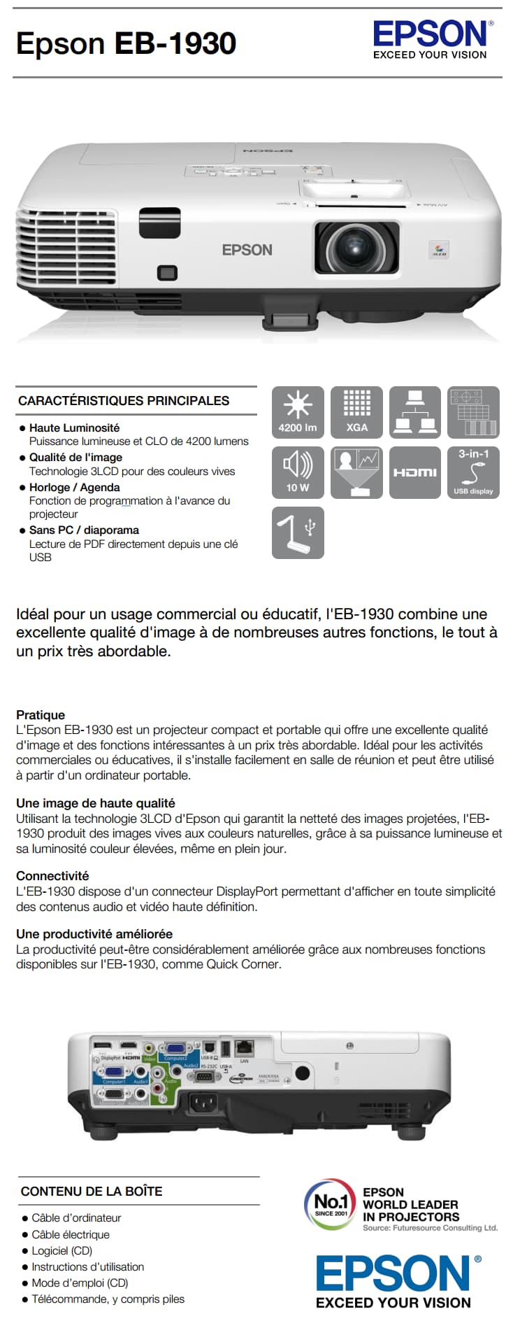 Vidéoprojecteur LCD XGA Epson EB-1930 (V11H506040)