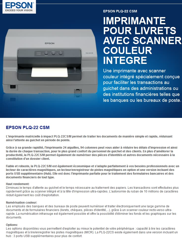 Imprimante matricielle à impact avec scanner couleur intégré Epson PLQ-22 CSM (C11CB01201)