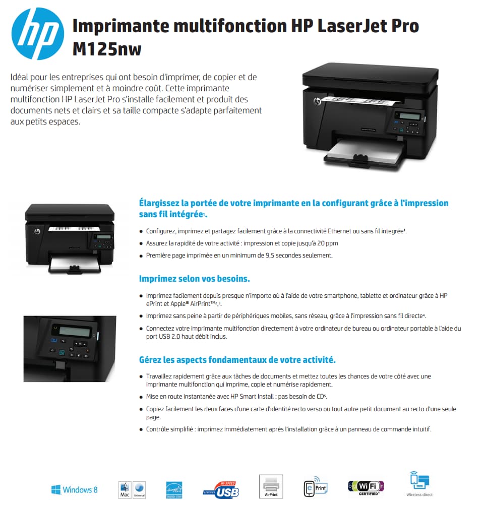 Imprimante Wi-Fi multifonction Noir HP LaserJet Pro M125nw (CZ173A)