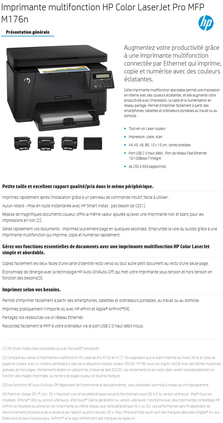 Imprimante multifonction HP Color LaserJet Pro MFP M176n (CF547A)