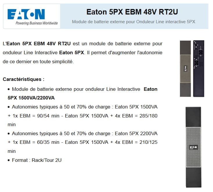 Batterie externe 5PX EBM 48V RT2U pour Onduleur Eaton 5PX