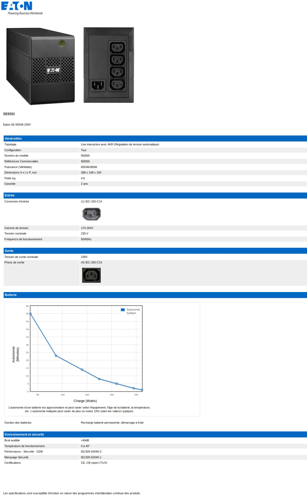 Onduleur Line-Interactive Eaton 5E 5E650I - 360 W / 650 VA - 4 prises C13