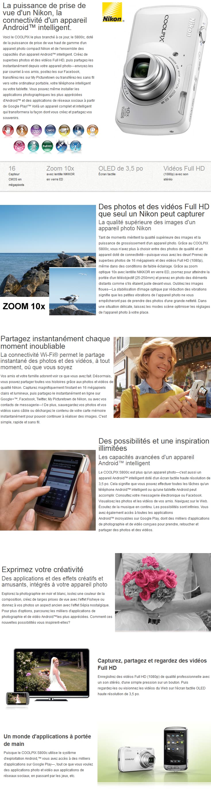 Appareil photo Nikon Coolpix S800c - 16MP /10X - Écran tactile OLED
