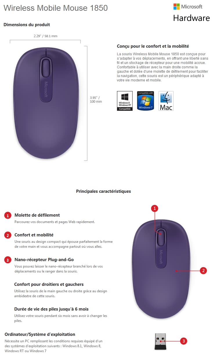 Souris Microsoft Wireless Mobile Mouse 1850 - Violet (U7Z-00044)