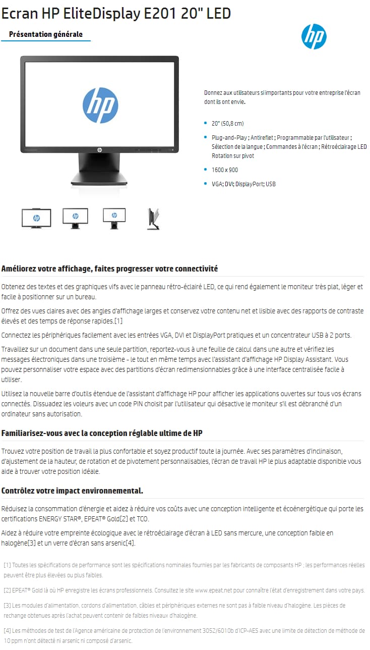 Ecran HP EliteDisplay E201 20" LED (C9V73AA)