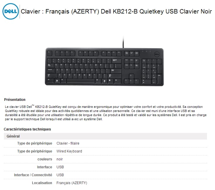 Clavier Dell KB212-B Quietkey USB Noir - Français (AZERTY)