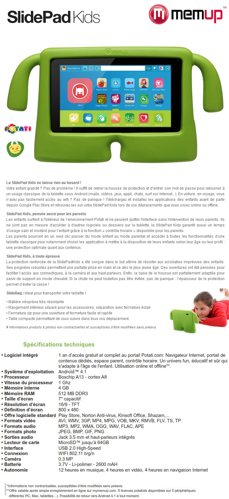 Tablette 7" Memup SlidePad Kids avec housse en mousse renforcée (SLIDEPAD-KIDS)