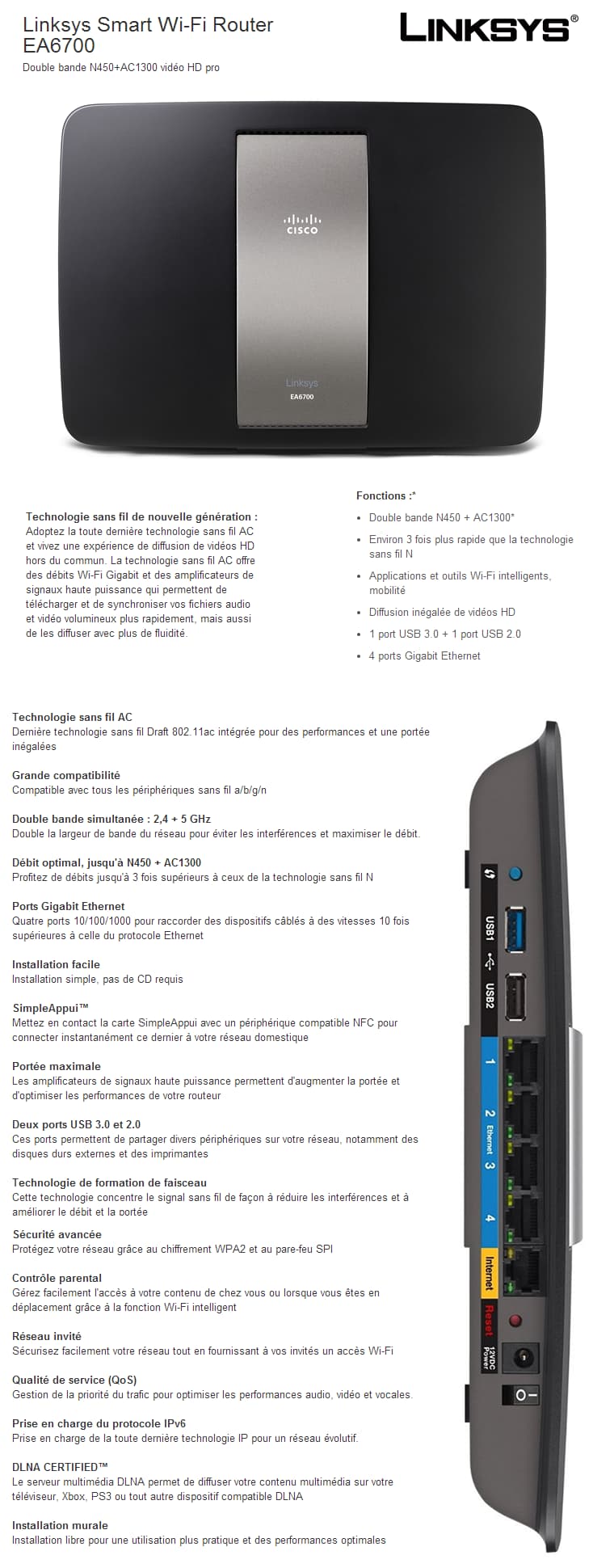 Routeur Linksys EA6700 Smart HD Vidéo Pro Wi-Fi (EA6700-M2)