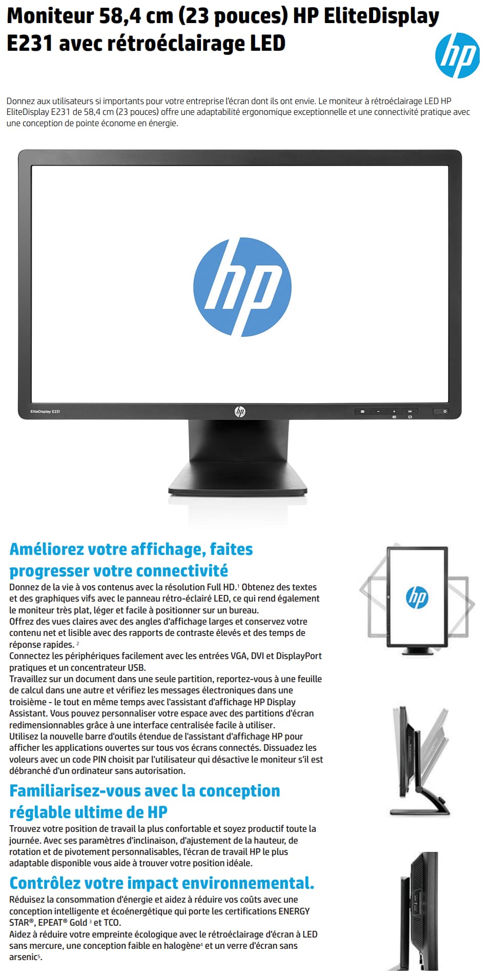Moniteur 58,4 cm (23 pouces) HP EliteDisplay E231 avec rétroéclairage LED (C9V75AS)