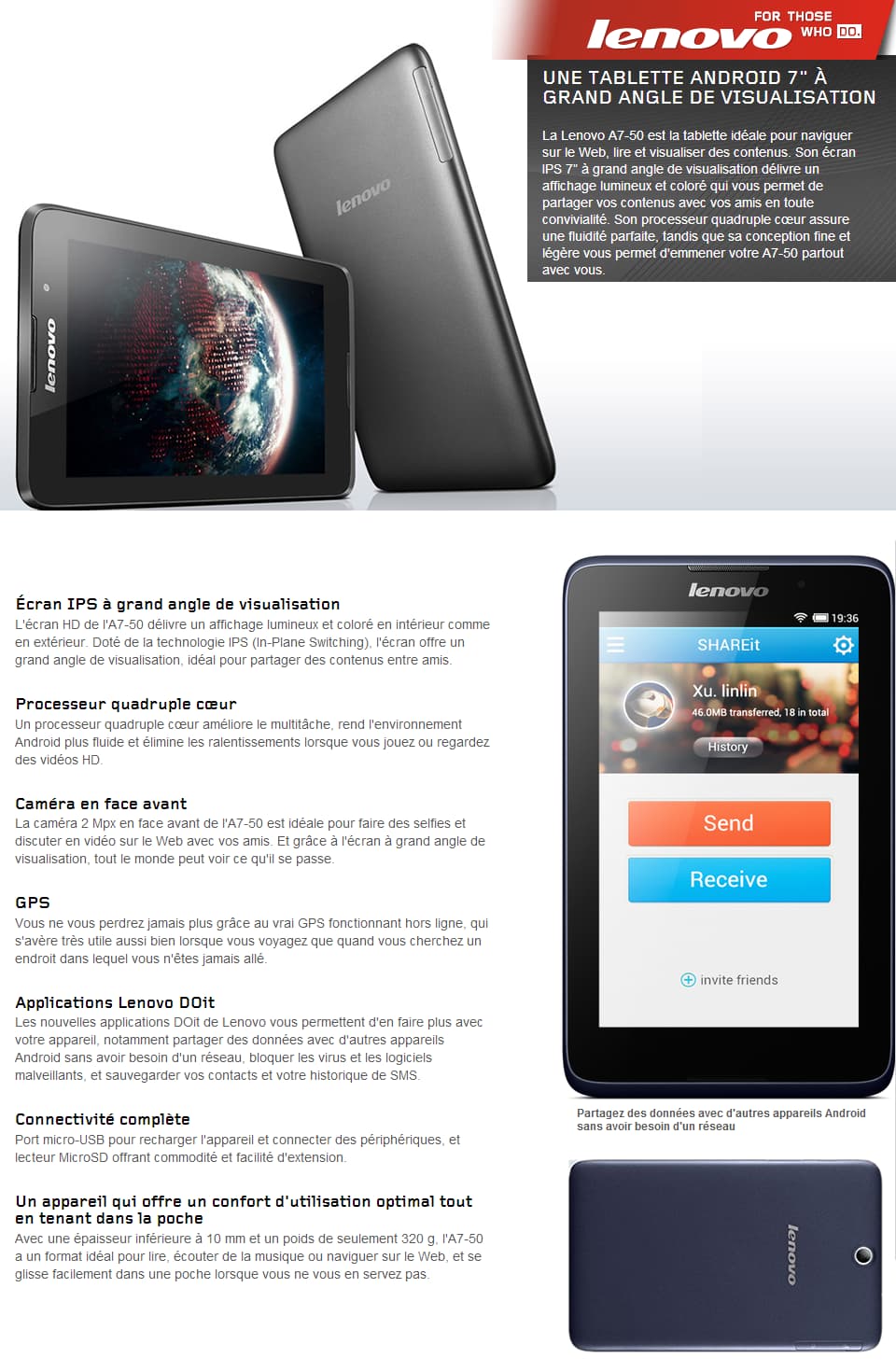 Fonepad Tablette 3G Wi-Fi Lenovo A7-50 A3500-HV - 7" 16 GB Midnight Blue