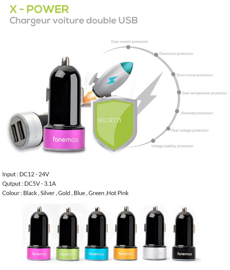 Chargeur voiture double USB Fonemax X-Power F18 - 3.1A