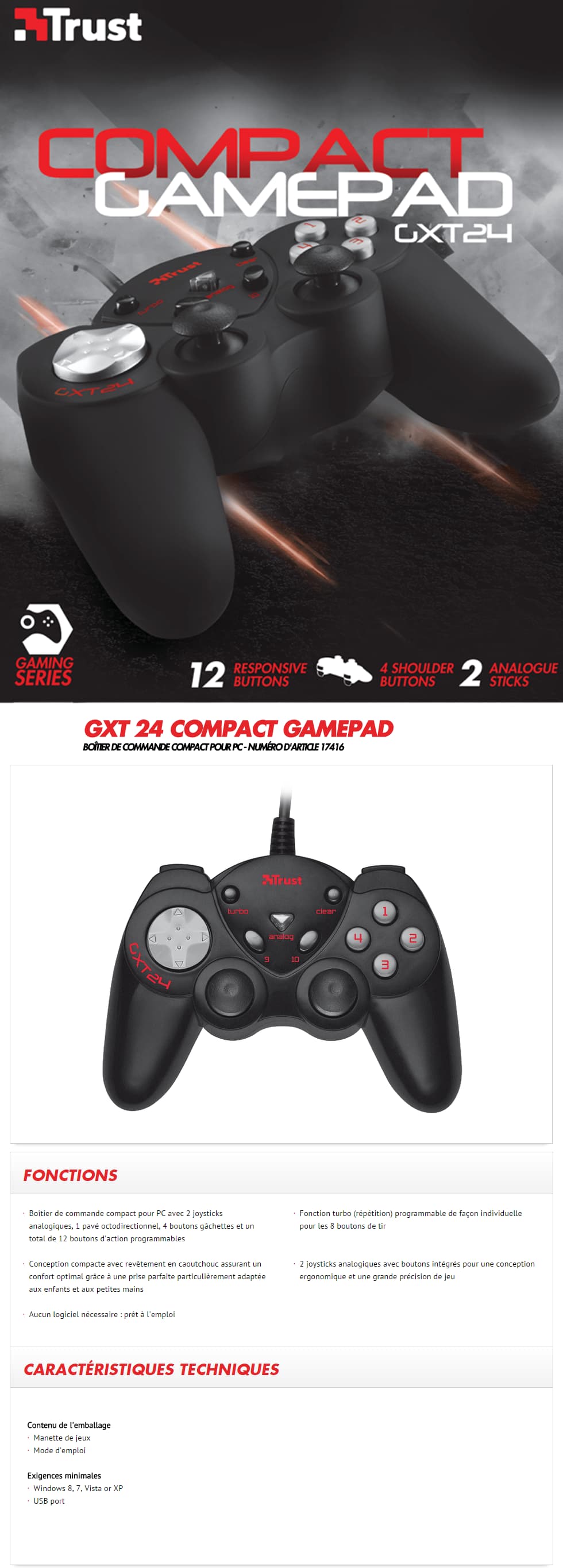 Gamepad GXT 24 Compact Trust avec mode Turbo fire pour les PC fixes et portables - USB