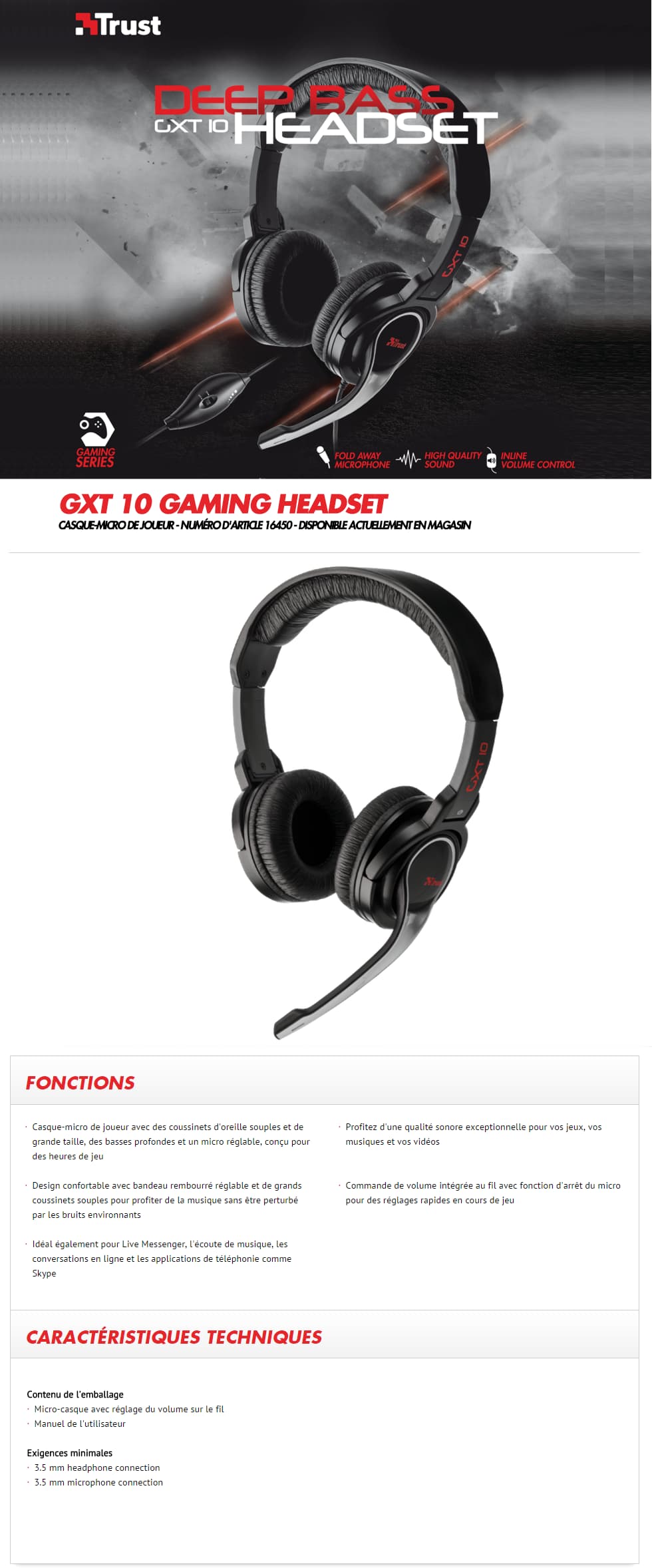 Casque-micro Filaire Gaming Trust GXT 10 avec micro réglable - 3.5 mm jack