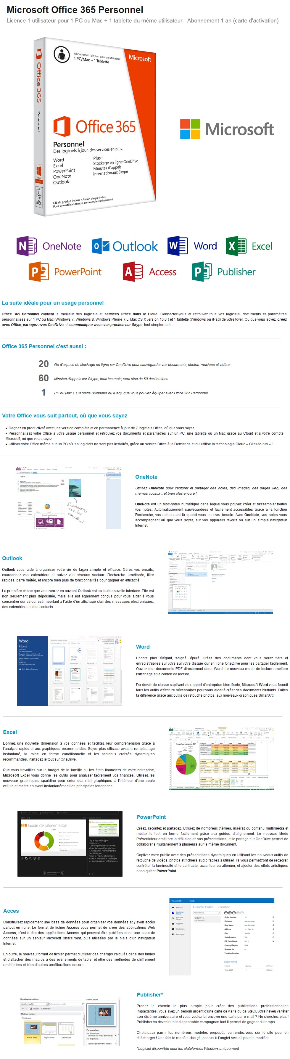 Microsoft Office 365 Personnel - Licence d'abonnement ( 1 an ) - Pour un 1 PC ou Mac + 1 tablette