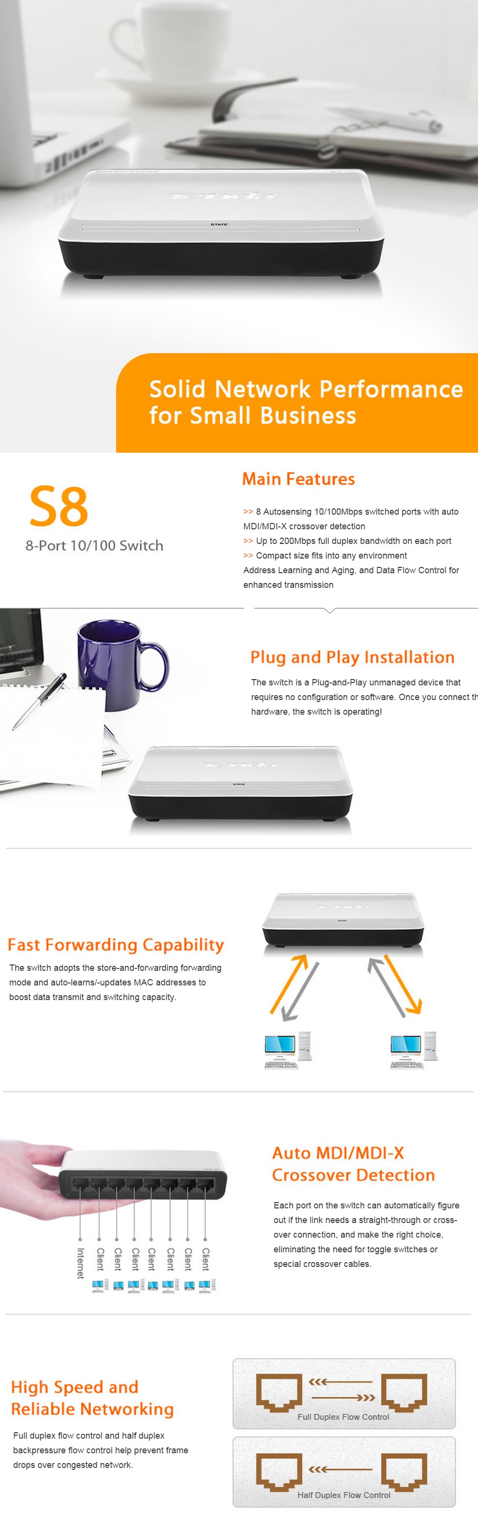 Switch Non Administrable Tenda S8 8-Port 10/100