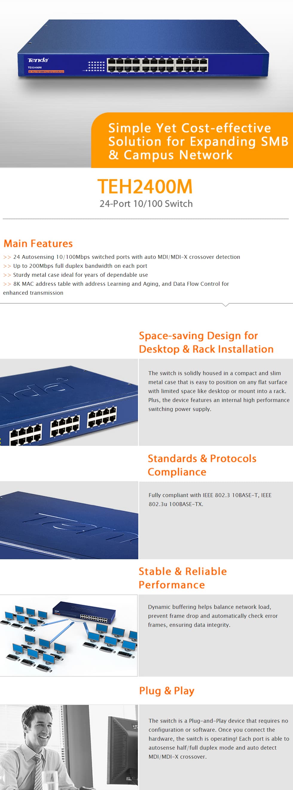 Switch Non Administrable Tenda TEH2400M 24 ports 10/100 Mbps - 19" rackable