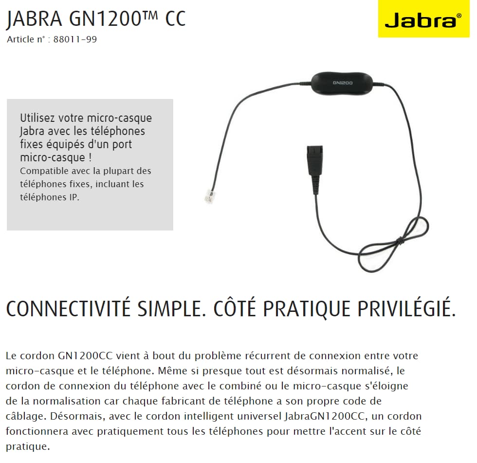 Cordon intelligent universel JabraGN1200CC pour les téléphones fixes