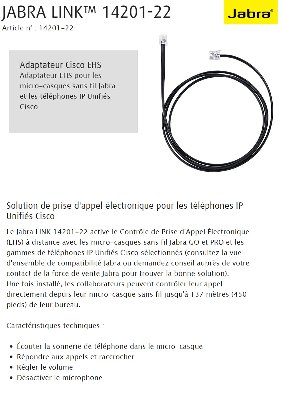 Adaptateur Jabra casque Cisco EHS for PRO et GO ( Rj10 - 137 mètres)