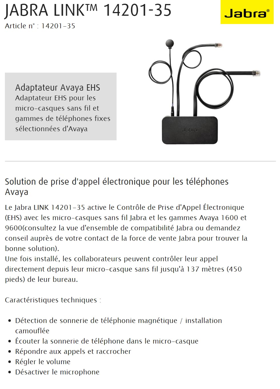 Adaptateur Jabra EHS pour les téléphones IP Unifiés Cisco