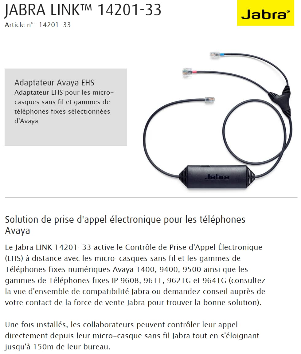 Adaptateur Jabra Link EHS pour les micro-casques sans fil et les téléphones fixes AVAYA