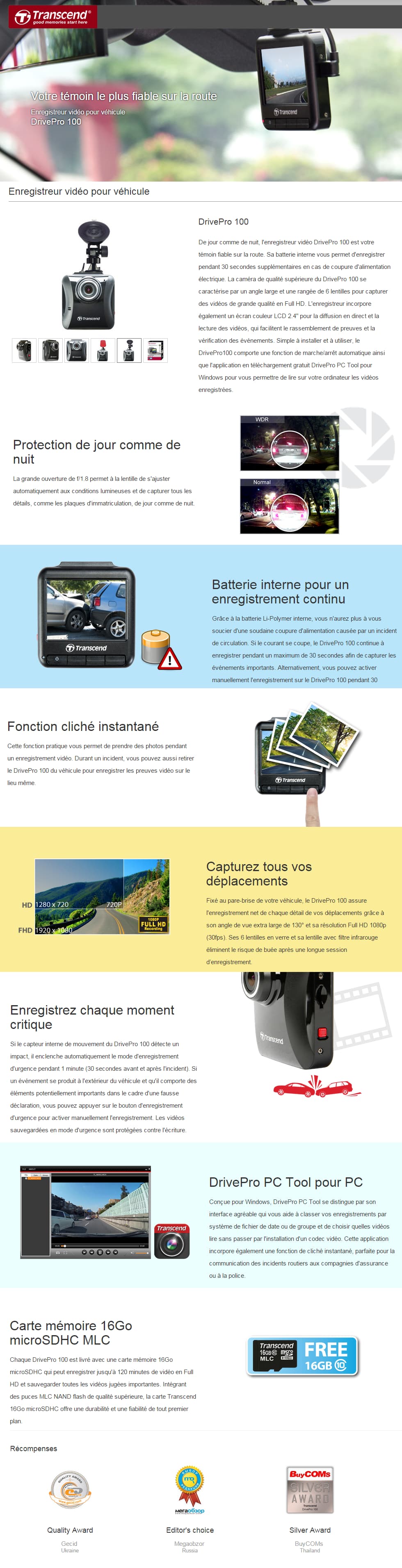 Enregistreur vidéo pour véhicule Transcend DrivePro 100 Full HD LCD 2.4" - Support avec ventouse + Carte mémoire 16GB offerte